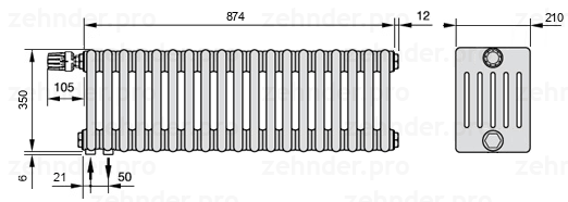 Схема (чертеж) Радиатор Zehnder Charleston 6035/19 №V001 Белый глянцевый RAL 9016